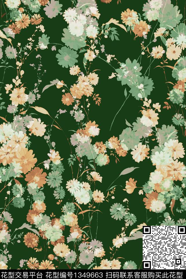 绿色烂花花型花卉数码印花花型下载（图片编号: 1349663） - 瓦栏（Walan）