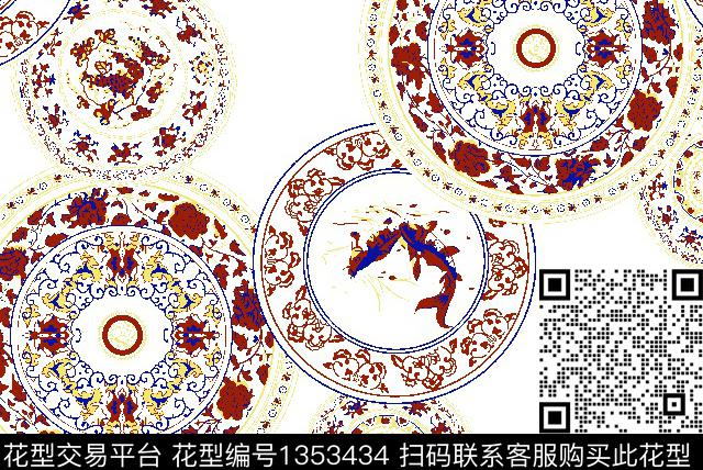 231-1.tif - 1353434 - 民族花卉 青花瓷 鱼 - 传统印花花型 － 男装花型设计 － 瓦栏