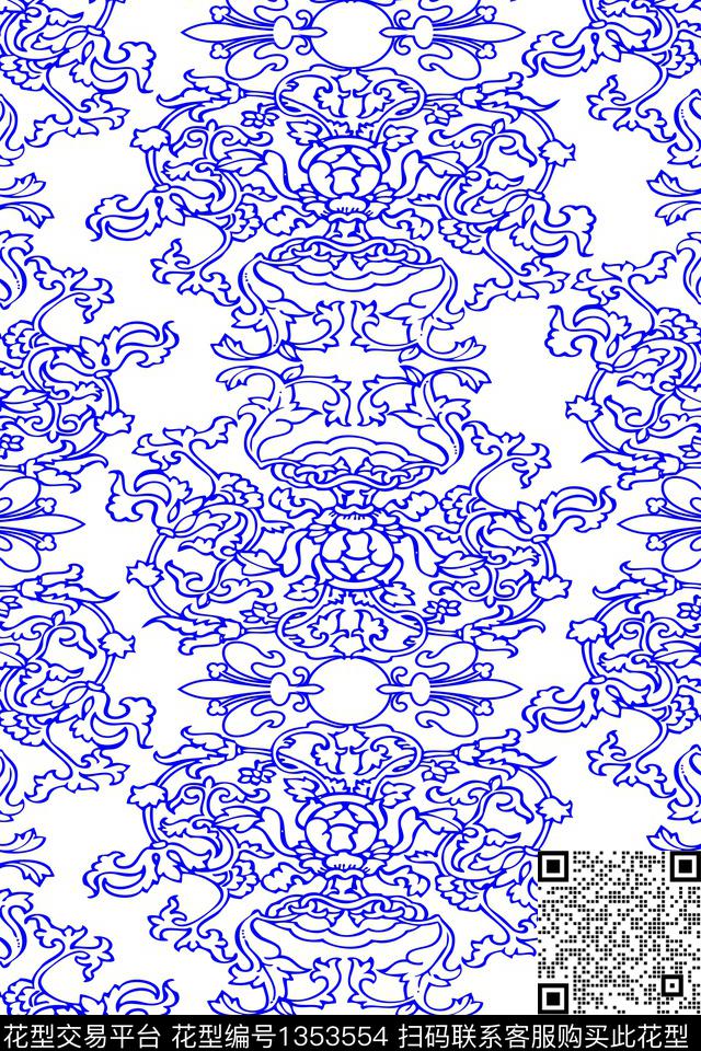 yc0819.jpg - 1353554 - 青花瓷 手绘 卡通 - 传统印花花型 － 女装花型设计 － 瓦栏