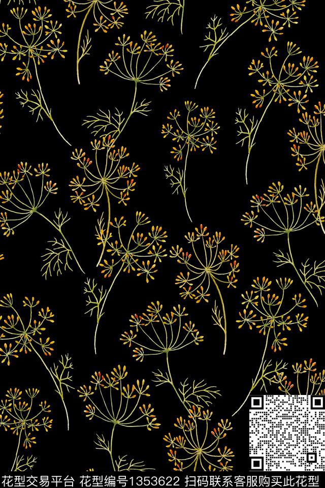 简约黑底花卉花卉数码印花花型下载（图片编号: 1353622） - 瓦栏（Walan）