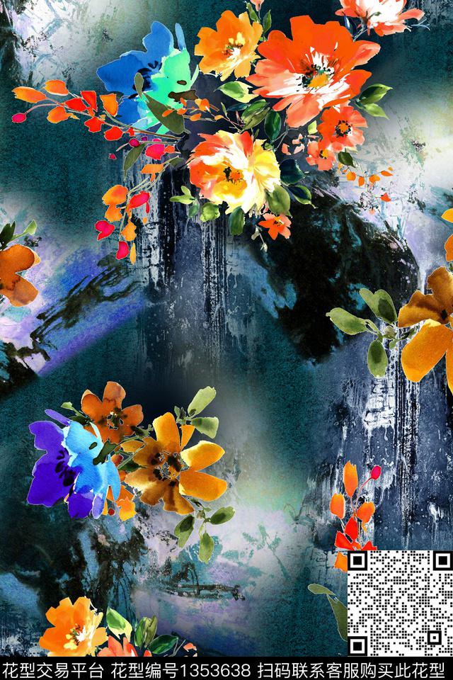 花卉手绘国画数码印花花型下载（图片编号: 1353638） - 瓦栏（Walan）