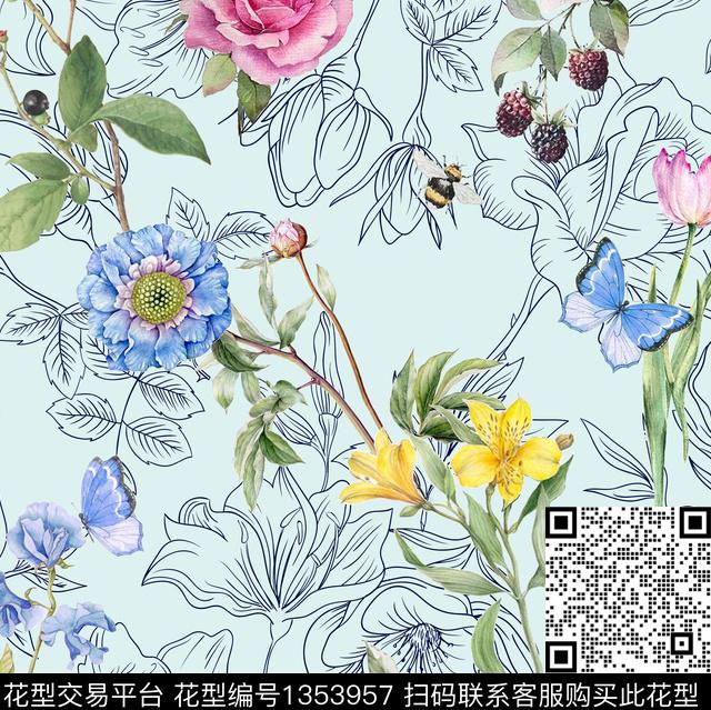 底纹四方连续花卉1.jpg - 1353957 - 彩底花卉 数码花型 花卉 - 数码印花花型 － 女装花型设计 － 瓦栏
