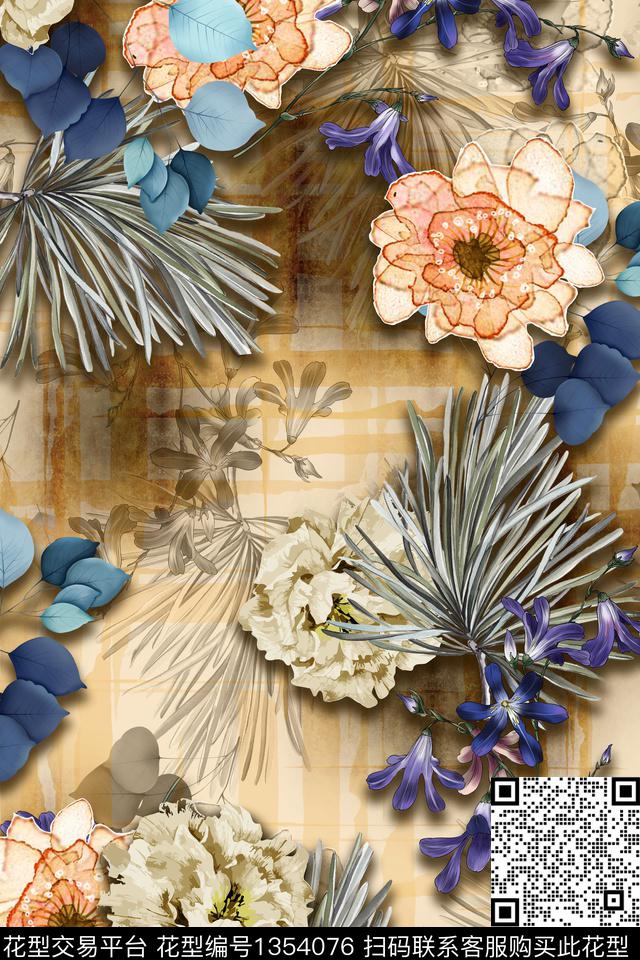 花卉手绘真丝数码印花花型下载（图片编号: 1354076） - 瓦栏（Walan）