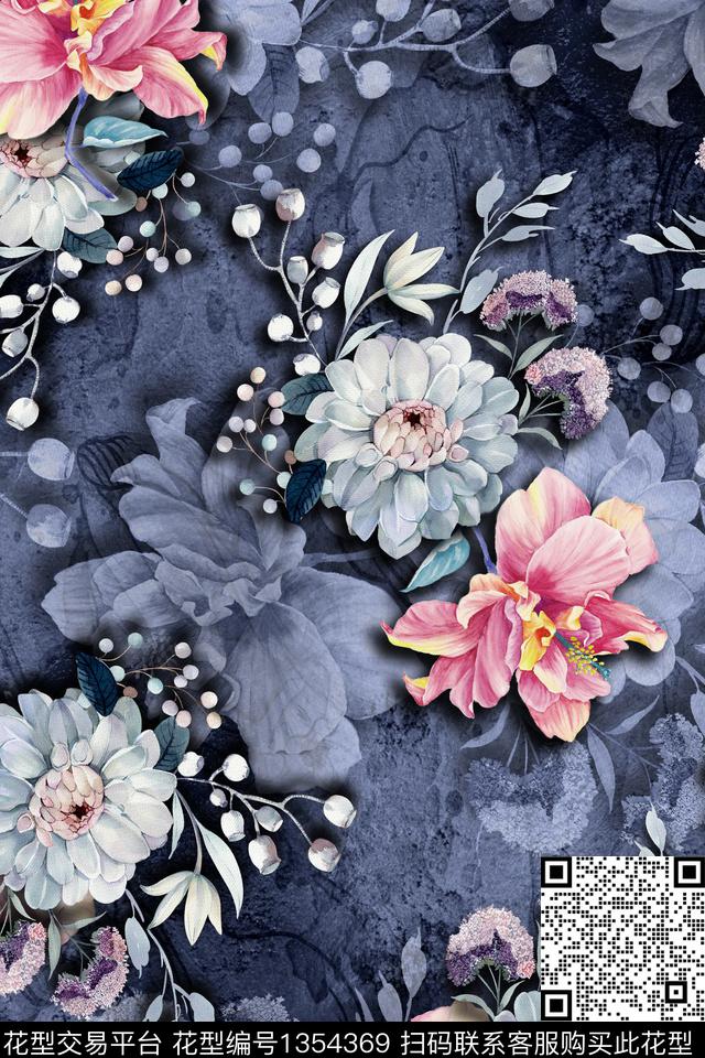 肌理花卉手绘数码印花花型下载（图片编号: 1354369） - 瓦栏（Walan）