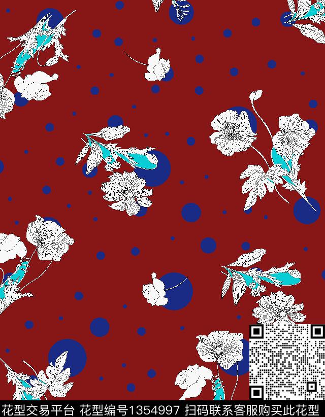 234-1.tif - 1354997 - 线条花卉 波点 旗袍 - 传统印花花型 － 女装花型设计 － 瓦栏