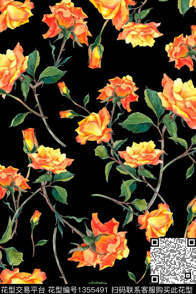 黑底花卉花卉大牌风数码印花花型下载（图片编号: 1355491） - 瓦栏（Walan）