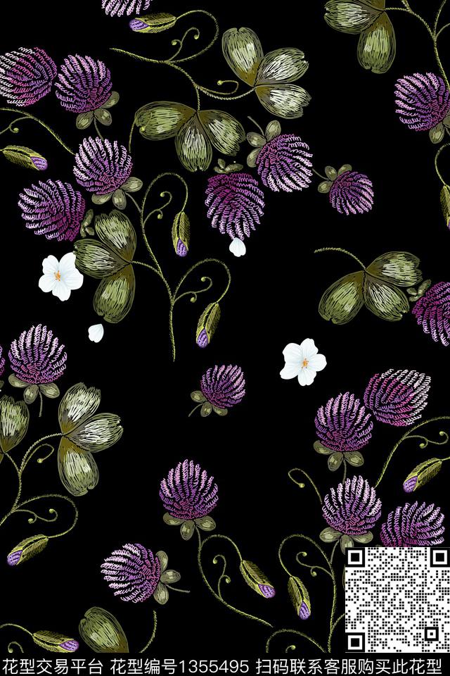黑底花卉花卉大牌风数码印花花型下载（图片编号: 1355495） - 瓦栏（Walan）