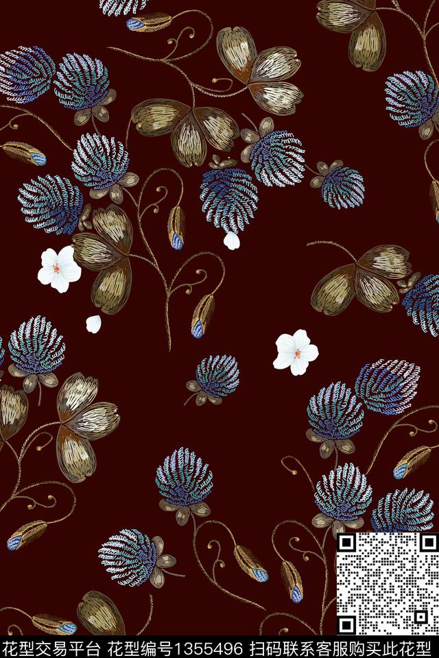 黑底花卉花卉大牌风数码印花花型下载（图片编号: 1355496） - 瓦栏（Walan）