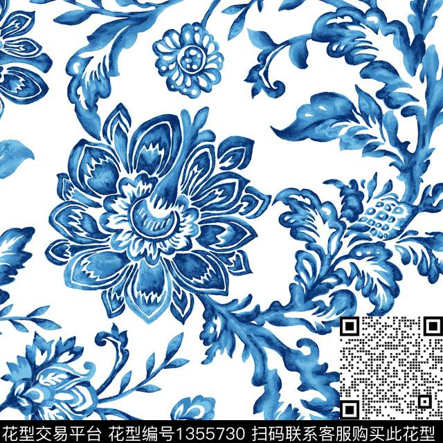 花.jpg - 1355730 - 蓝色 花卉 靛蓝 - 传统印花花型 － 床品花型设计 － 瓦栏