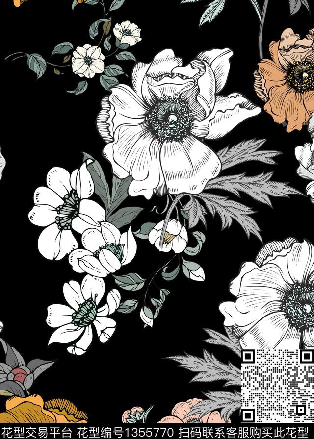 意境花卉.jpg - 1355770 - 黑白花型 连衣裙 趋势花型 - 数码印花花型 － 女装花型设计 － 瓦栏