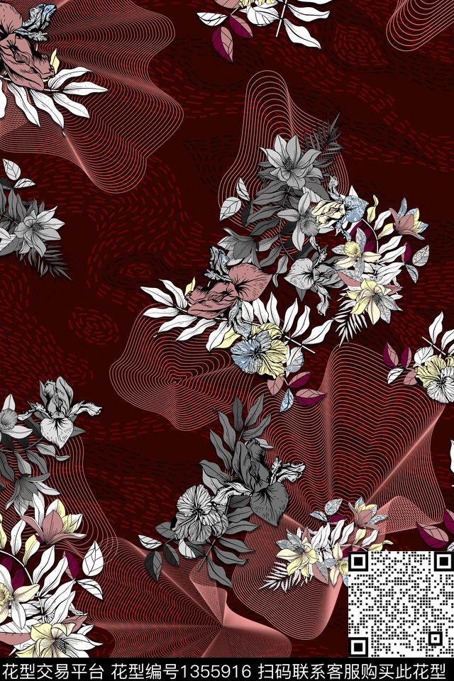 几何线条花卉数码印花花型下载（图片编号: 1355916） - 瓦栏（Walan）