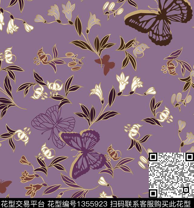 200826百合蝴蝶回路紫色.jpg - 1355923 - 复古 花卉 休闲 - 传统印花花型 － 女装花型设计 － 瓦栏