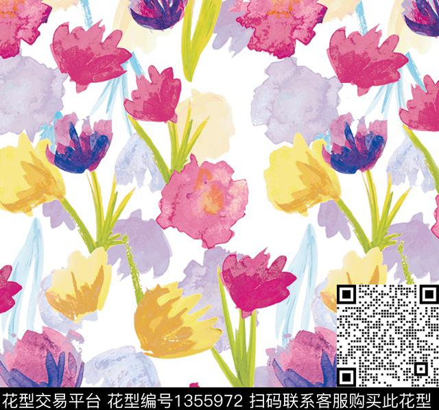 Floral White.jpg - 1355972 - 窗帘 数码花型 水墨风 - 数码印花花型 － 窗帘花型设计 － 瓦栏