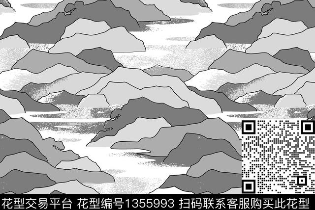 山峦.jpg - 1355993 - 笔触 山 水墨风 - 传统印花花型 － 窗帘花型设计 － 瓦栏