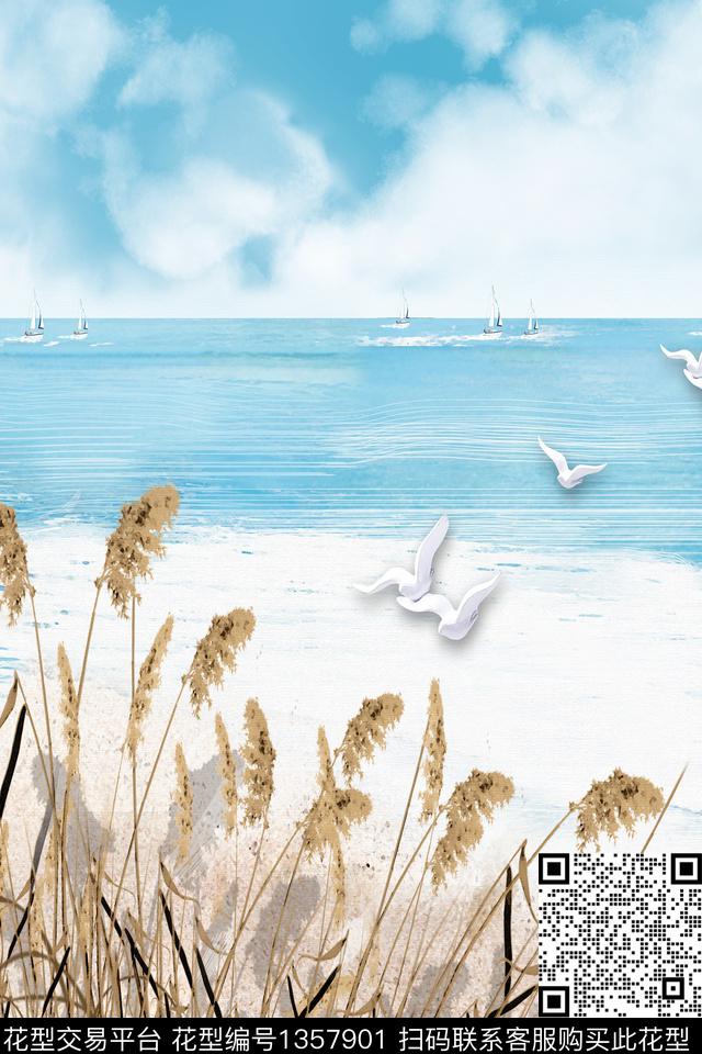 海边风景.tif - 1357901 - 芦苇 海鸥 海洋 - 数码印花花型 － 男装花型设计 － 瓦栏