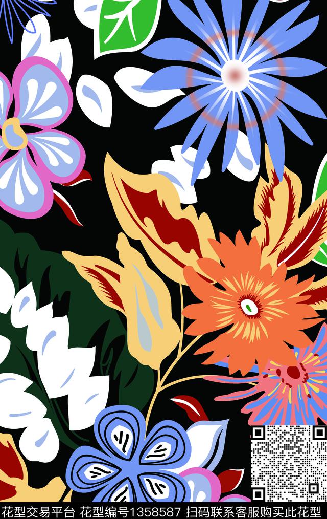 手绘花卉女装匹布.jpg - 1358587 - 泳装花型 抽象花卉 女装 - 传统印花花型 － 泳装花型设计 － 瓦栏