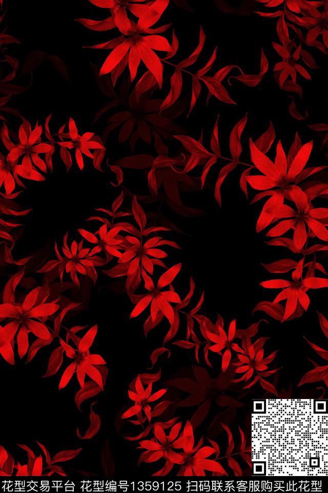 黑底花卉花卉大牌风数码印花花型下载（图片编号: 1359125） - 瓦栏（Walan）