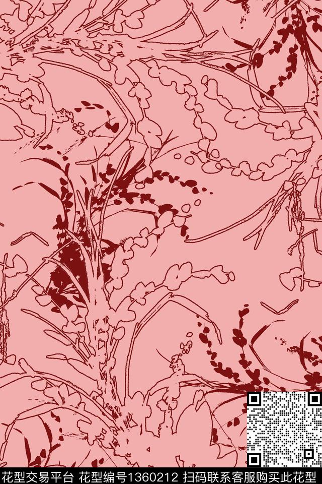 线条笔触花卉传统印花花型下载（图片编号: 1360212） - 瓦栏（Walan）