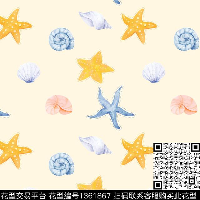 贝壳.jpg - 1361867 - 时尚 插画 贝壳 - 数码印花花型 － 女装花型设计 － 瓦栏