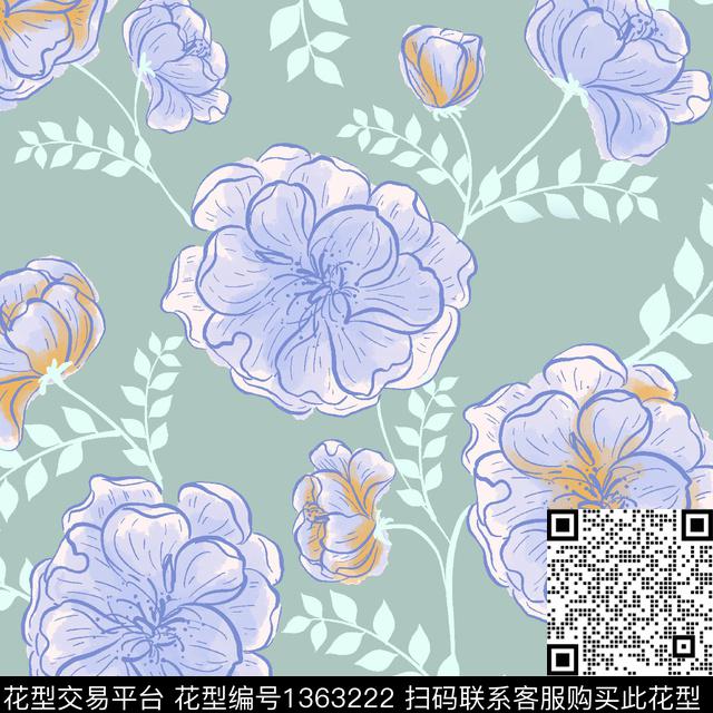 222.jpg - 1363222 - 时尚 水彩 花卉 - 传统印花花型 － 女装花型设计 － 瓦栏