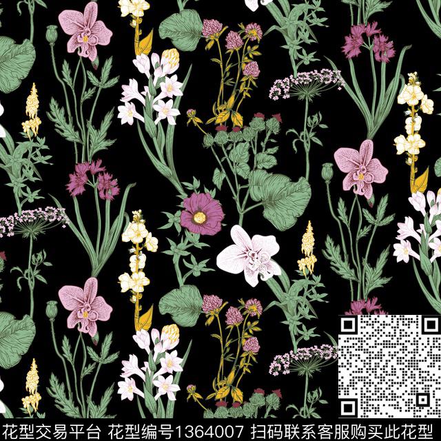 w-32015a.jpg - 1364007 - 绿色 玉兰花 雪纺 - 传统印花花型 － 女装花型设计 － 瓦栏