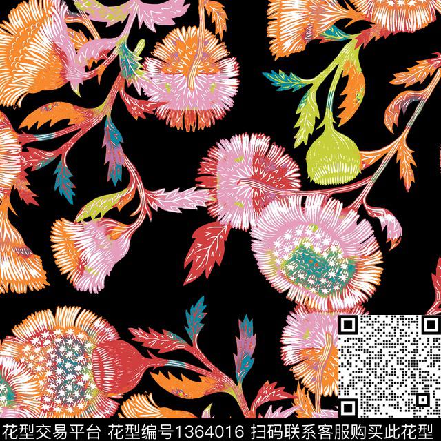 w-32025a.jpg - 1364016 - 花卉 雪纺 春夏花型 - 传统印花花型 － 女装花型设计 － 瓦栏