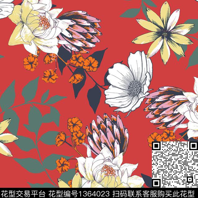 w-32045a.jpg - 1364023 - 花卉 雪纺 春夏花型 - 传统印花花型 － 女装花型设计 － 瓦栏