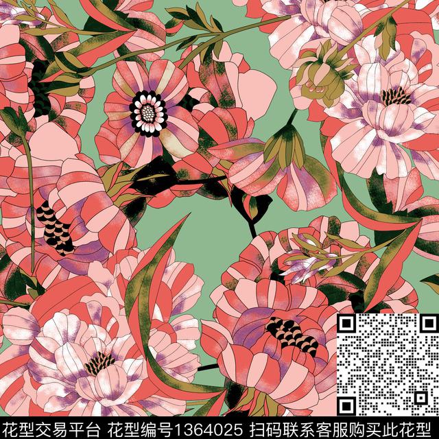 w-32047a.jpg - 1364025 - 花卉 雪纺 春夏花型 - 传统印花花型 － 女装花型设计 － 瓦栏