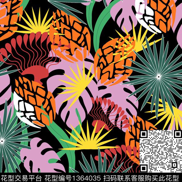 w-32057a.jpg - 1364035 - 菠萝 玉兰花 水果 - 传统印花花型 － 女装花型设计 － 瓦栏