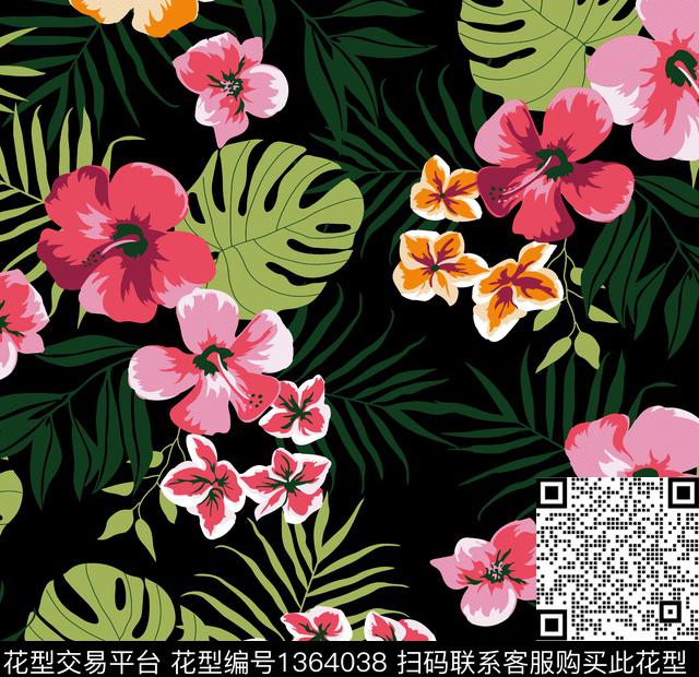 w-32081a.jpg - 1364038 - 绿植树叶 花卉 热带花型 - 传统印花花型 － 女装花型设计 － 瓦栏