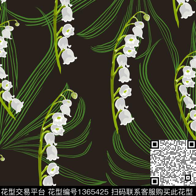绿植树叶线条画清爽底花卉传统印花花型下载（图片编号: 1365425） - 瓦栏（Walan）