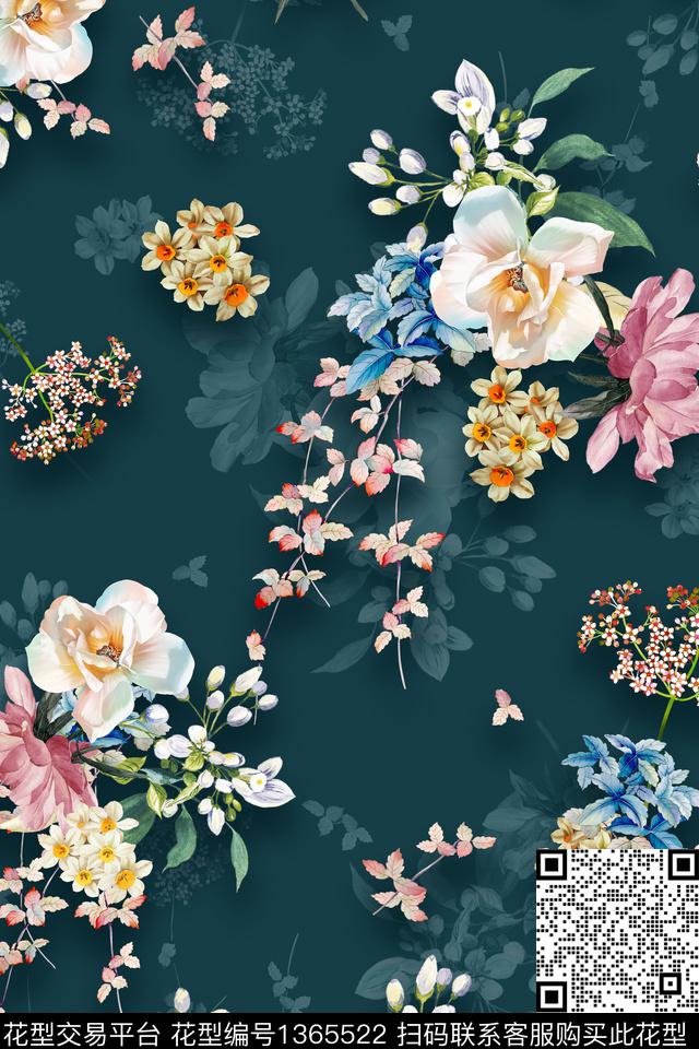 花卉满版散花手绘数码印花花型下载（图片编号: 1365522） - 瓦栏（Walan）