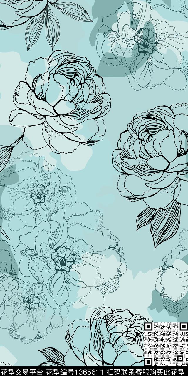 L0914.jpg - 1365611 - 绿色 小清新 线条花卉 - 传统印花花型 － 女装花型设计 － 瓦栏
