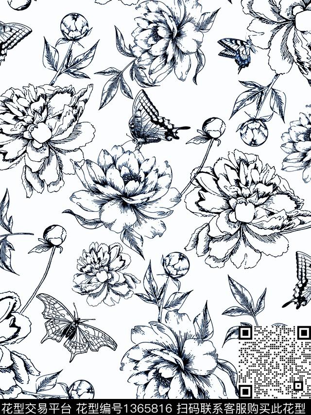 花卉蝴蝶时尚风格化花卉数码印花花型下载（图片编号: 1365816） - 瓦栏（Walan）