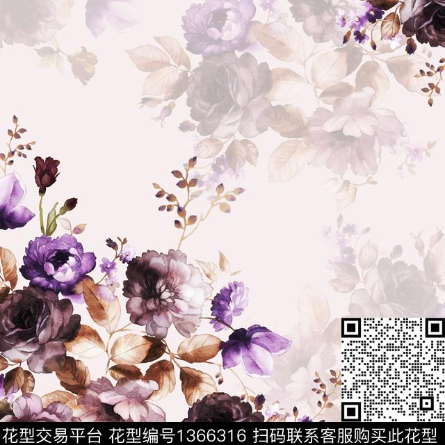 方巾花卉手绘花卉数码印花花型下载（图片编号: 1366316） - 瓦栏（Walan）