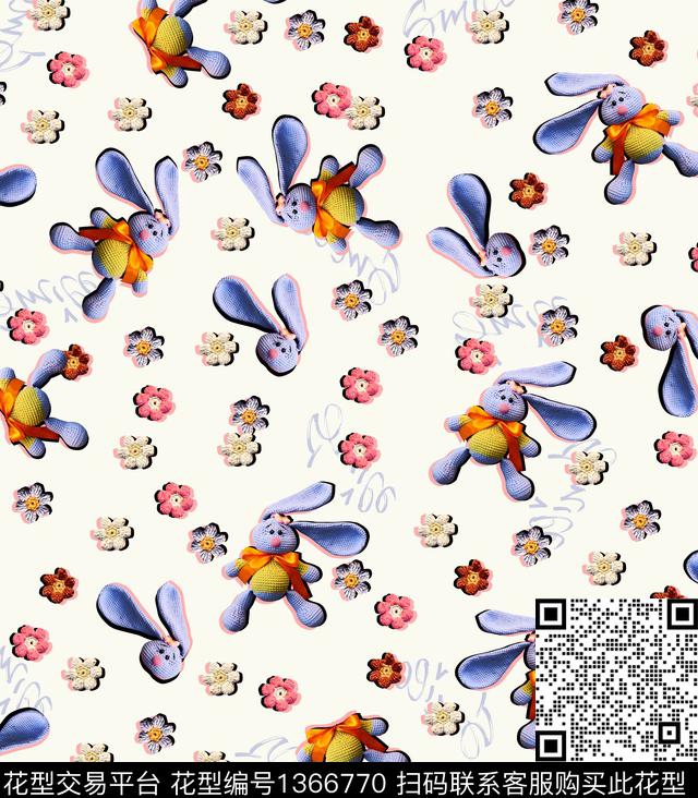 201004兔子小花回路.jpg - 1366770 - 童装 动物 休闲 - 数码印花花型 － 童装花型设计 － 瓦栏