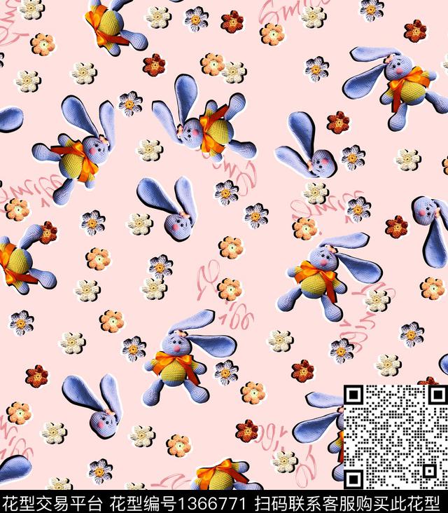 201004兔子小花回路粉色.jpg - 1366771 - 童装 动物 休闲 - 数码印花花型 － 童装花型设计 － 瓦栏