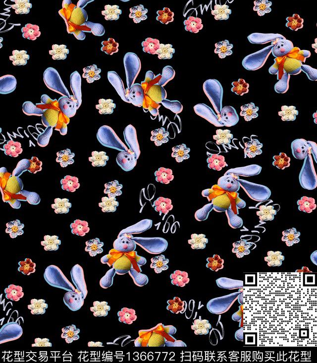 201004兔子小花回路黑色.jpg - 1366772 - 童装 动物 休闲 - 数码印花花型 － 童装花型设计 － 瓦栏