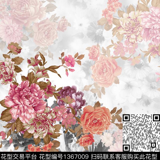 方巾花卉手绘大花数码印花花型下载（图片编号: 1367009） - 瓦栏（Walan）
