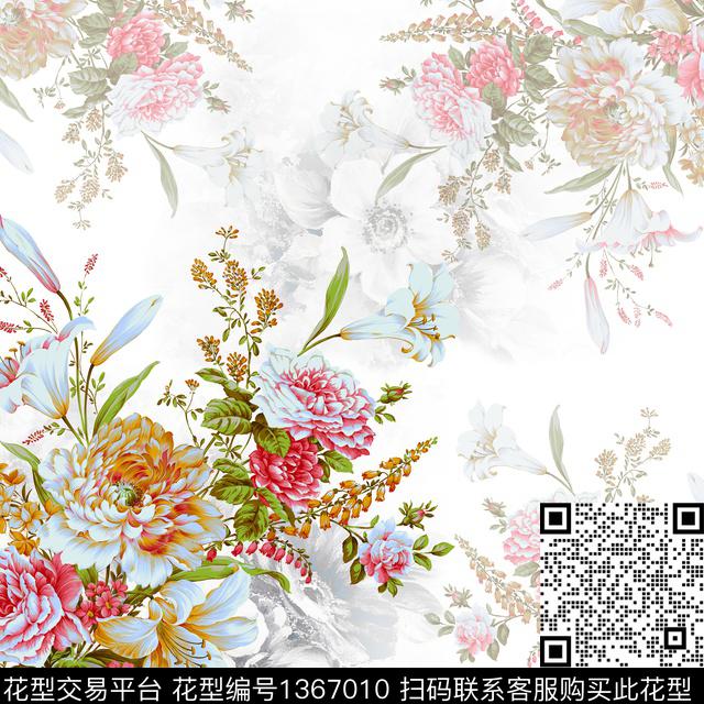 方巾花卉手绘花卉数码印花花型下载（图片编号: 1367010） - 瓦栏（Walan）