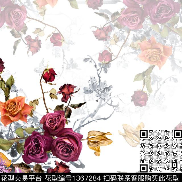 方巾玫瑰花花卉数码印花花型下载（图片编号: 1367284） - 瓦栏（Walan）