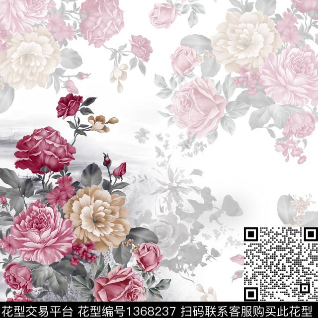 方巾花卉手绘花卉数码印花花型下载（图片编号: 1368237） - 瓦栏（Walan）