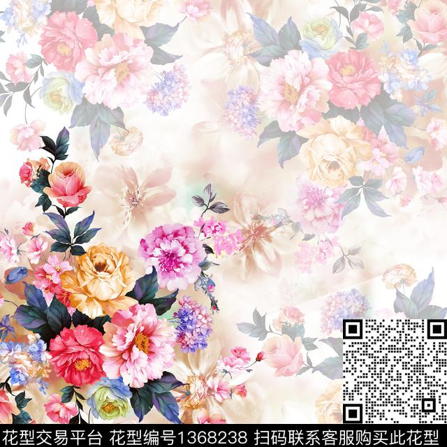 方巾手绘花卉手绘大花数码印花花型下载（图片编号: 1368238） - 瓦栏（Walan）