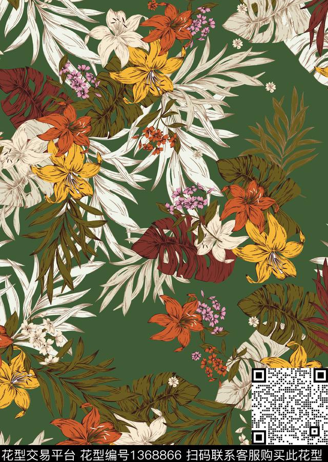 213.jpg - 1368866 - 复古 棕榈树 热带花型 - 数码印花花型 － 女装花型设计 － 瓦栏