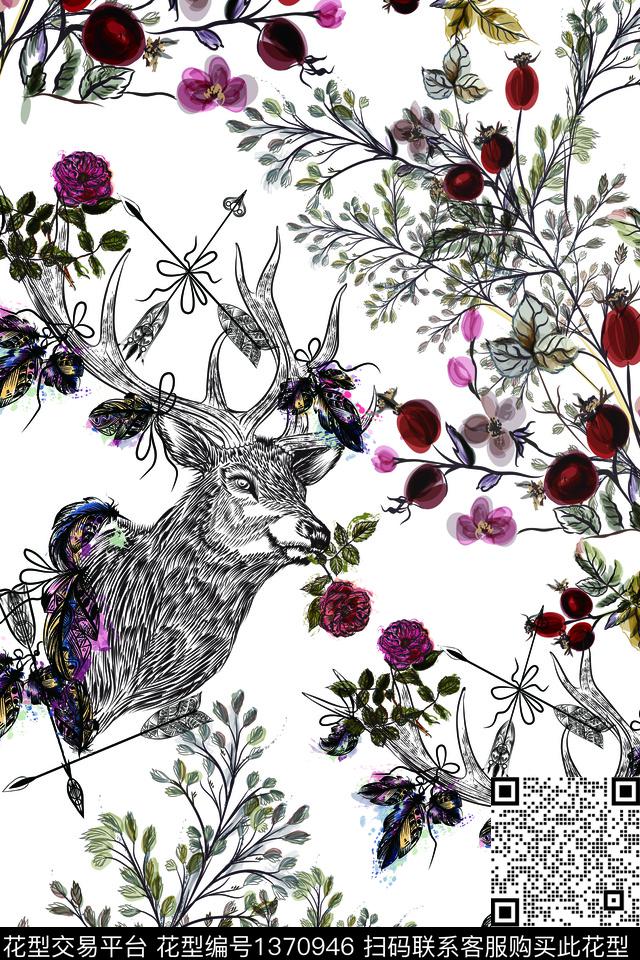 复古鹿头复古手绘植物花卉.jpg - 1370946 - 动物花卉 简约 中国 - 数码印花花型 － 女装花型设计 － 瓦栏