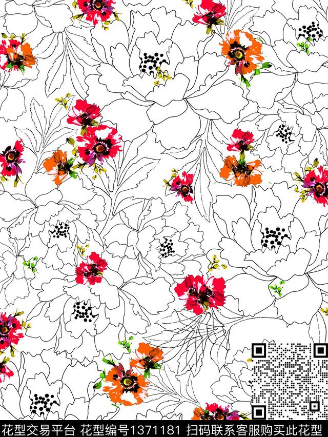 花卉抽象风格化花卉数码印花花型下载（图片编号: 1371181） - 瓦栏（Walan）