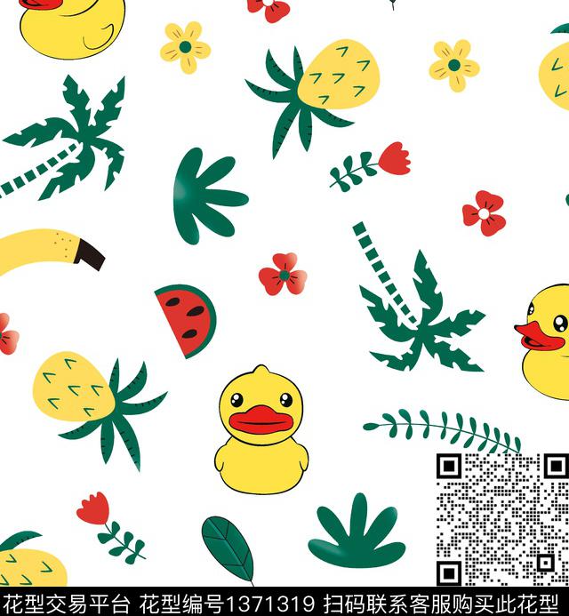 卡通鸭子香蕉西瓜菠萝热带植物水果.jpg - 1371319 - 动物花卉 广州 可爱 - 数码印花花型 － 女装花型设计 － 瓦栏