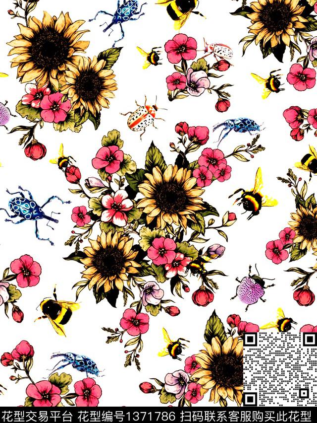 蜜蜂昆虫风格化花卉数码印花花型下载（图片编号: 1371786） - 瓦栏（Walan）