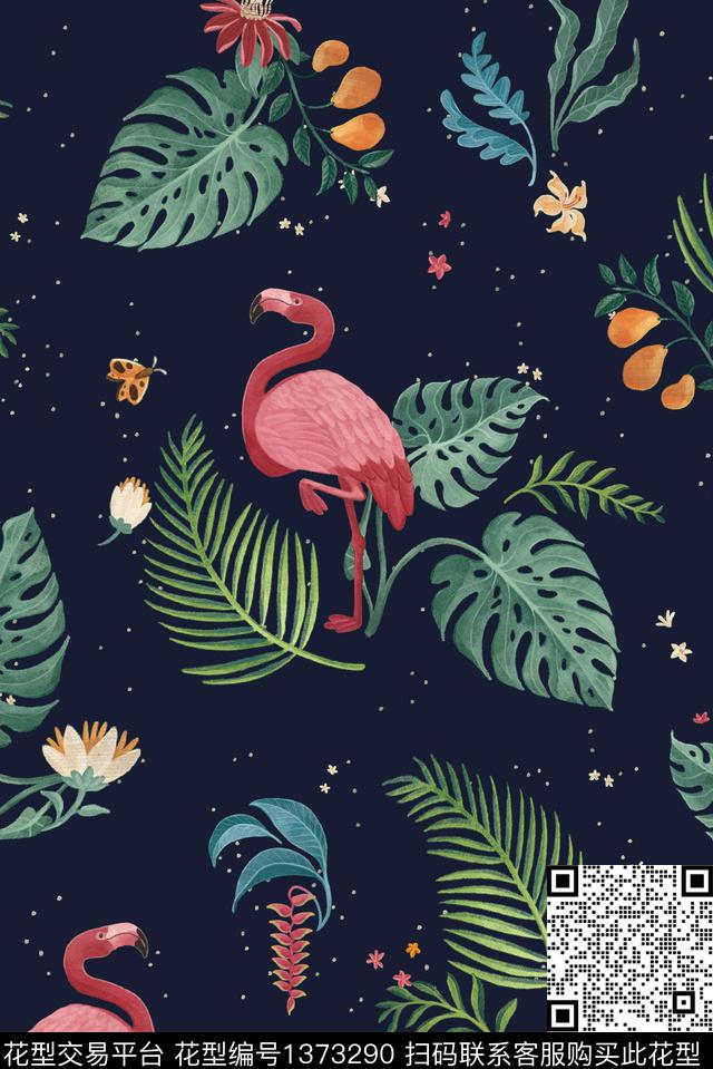 花卉火烈鸟大牌风数码印花花型下载（图片编号: 1373290） - 瓦栏（Walan）