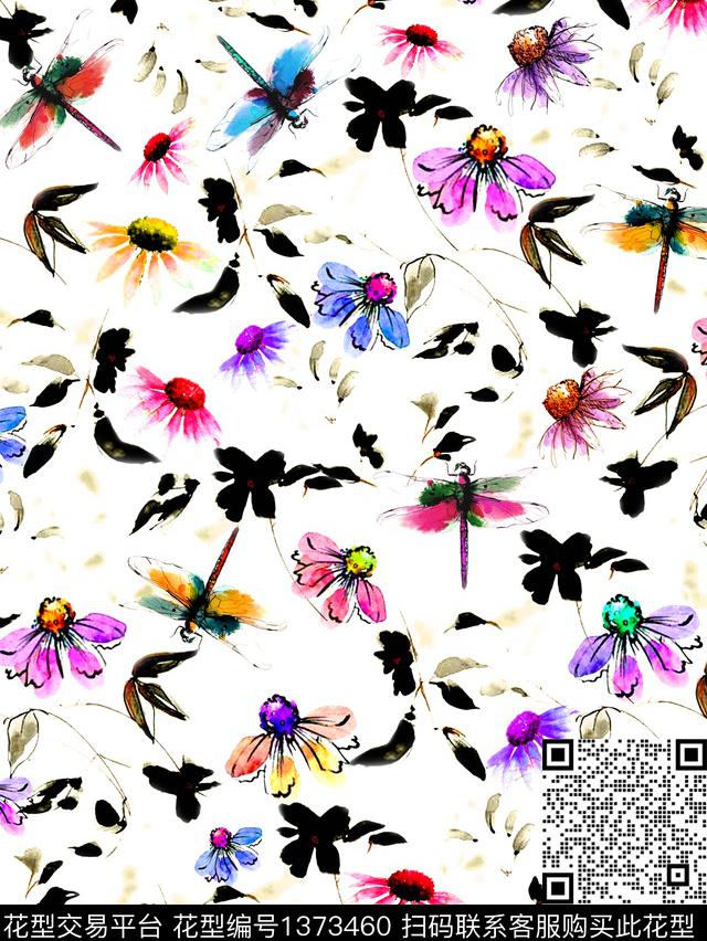 抽象花卉小雏菊蜻蜓数码印花花型下载（图片编号: 1373460） - 瓦栏（Walan）